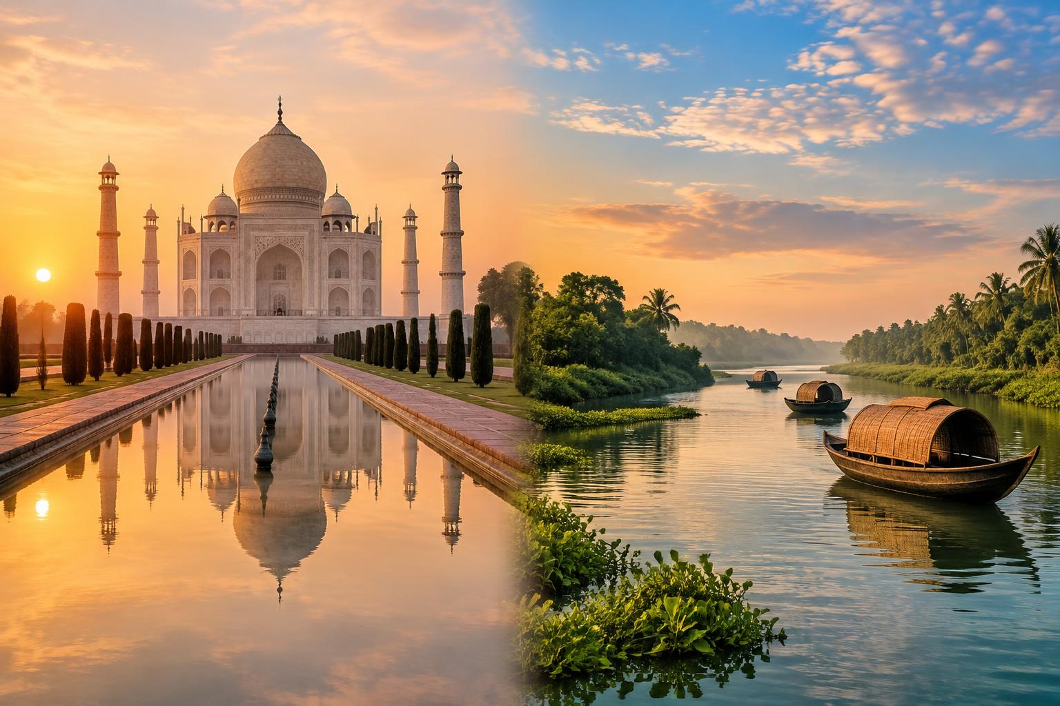 Taj Mahal and Bangladesh river landscape